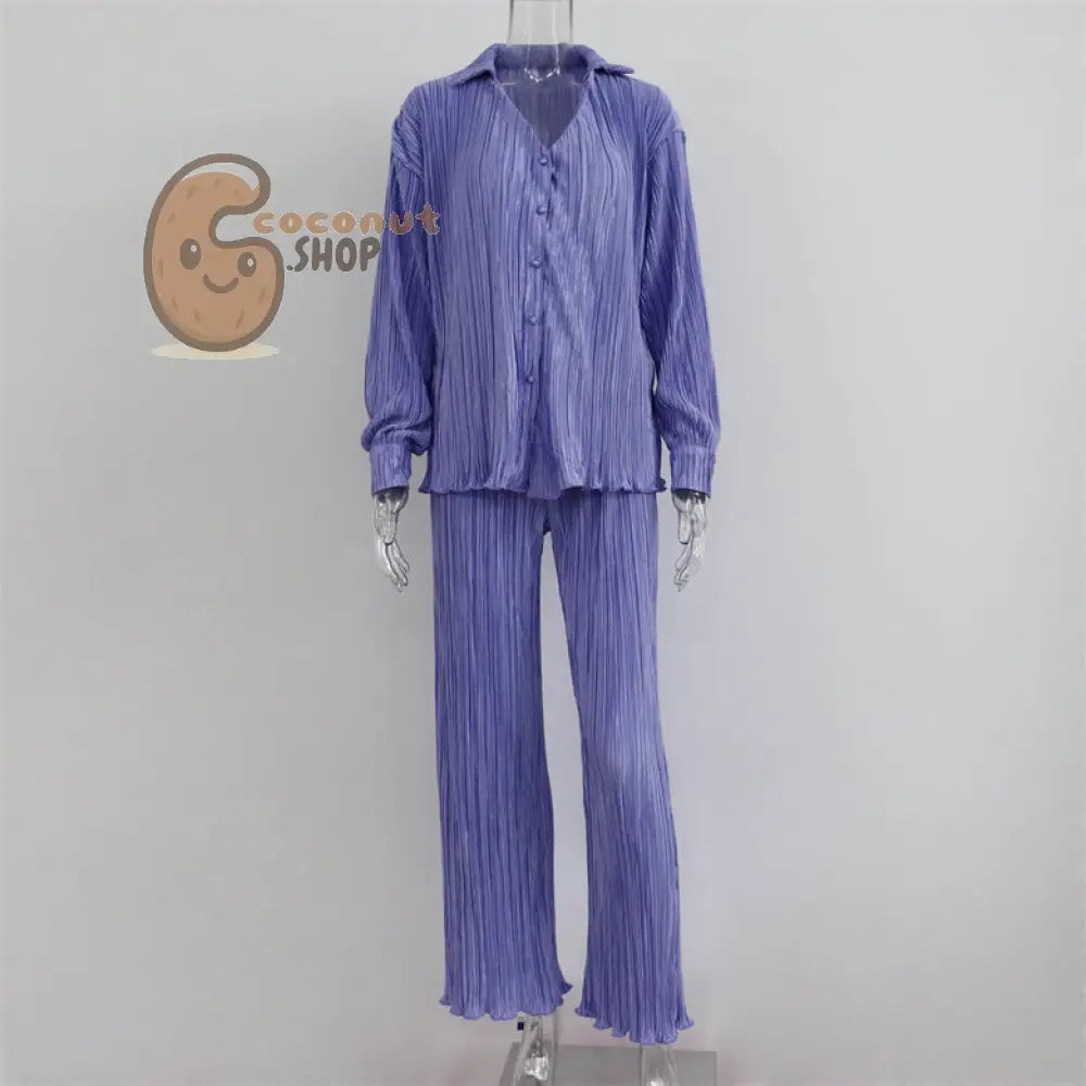 Sophisticated Pleated V-Neck Shirt and Casual Pants Two-Piece Set – Elegance Redefined - Purple / S