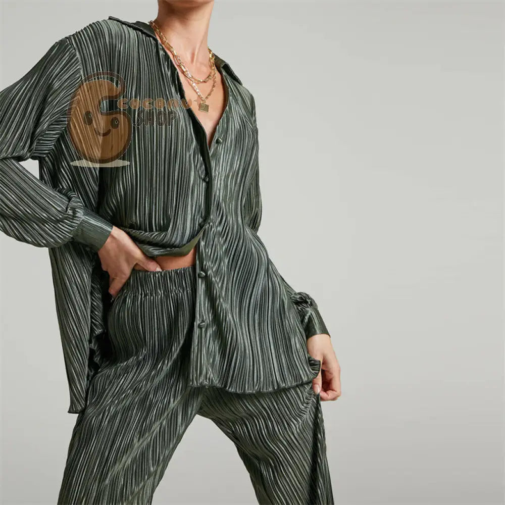 Sophisticated Pleated V-Neck Shirt and Casual Pants Two-Piece Set – Elegance Redefined