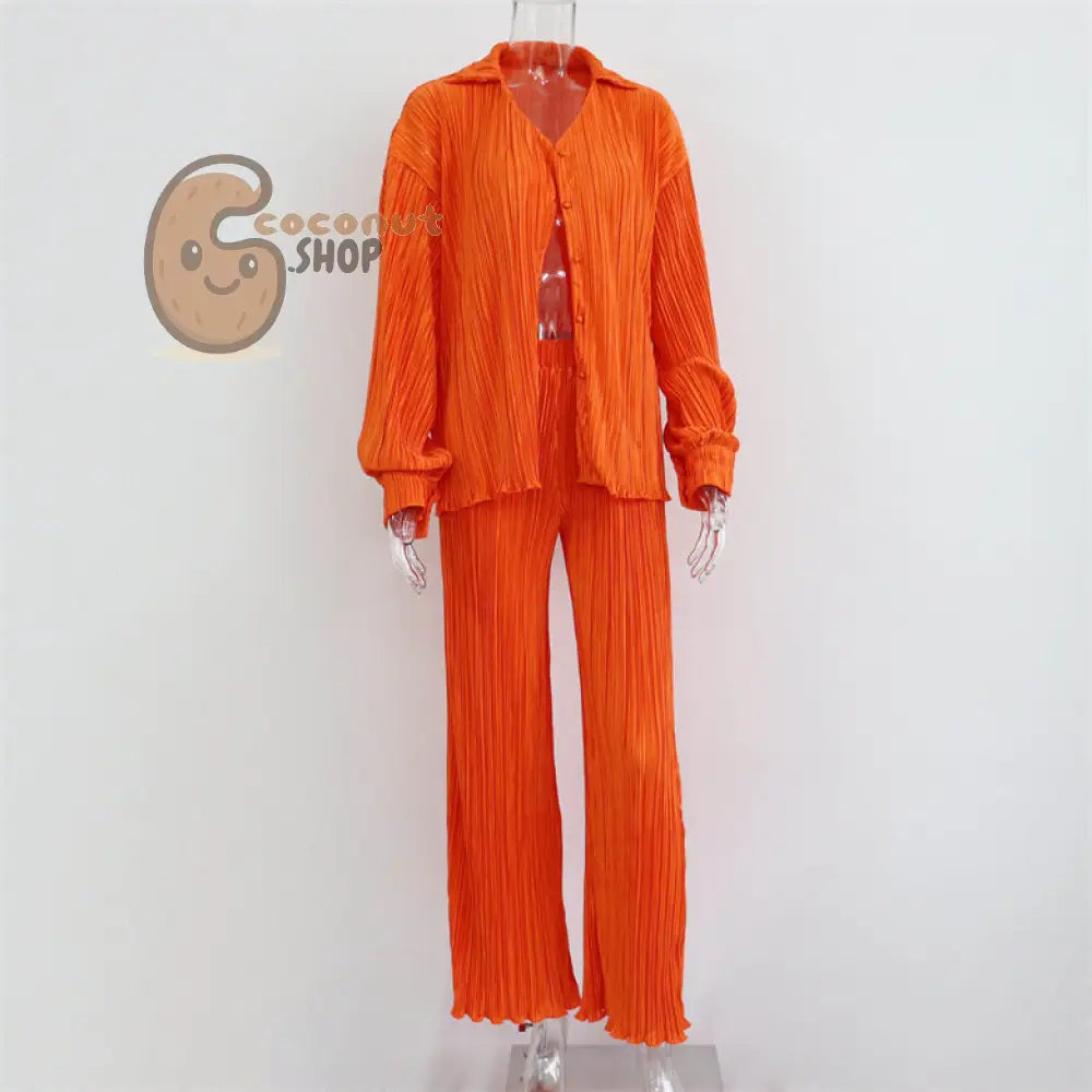 Sophisticated Pleated V-Neck Shirt and Casual Pants Two-Piece Set – Elegance Redefined - Orange / S