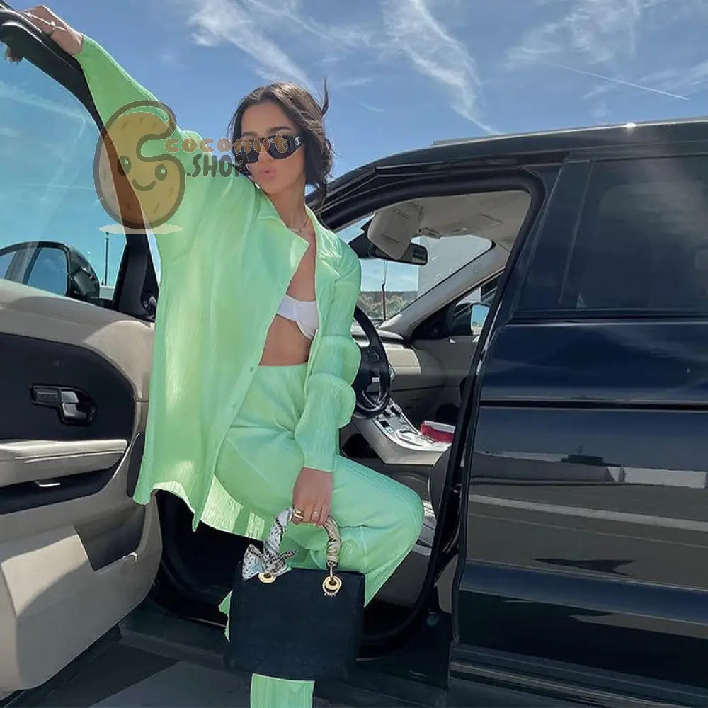 Spring Summer Pleated Shirt & Pants Set - Apple green / S