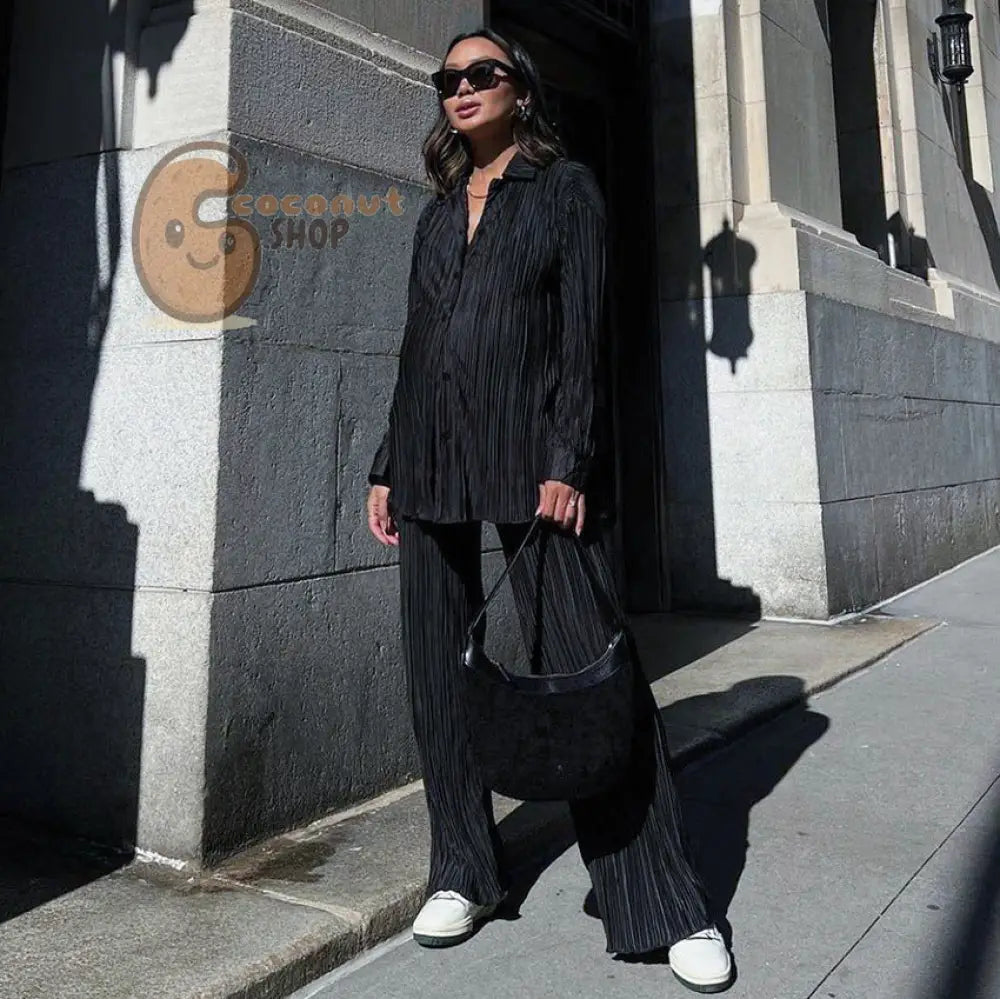 Spring Summer Pleated Shirt & Pants Set - black / S