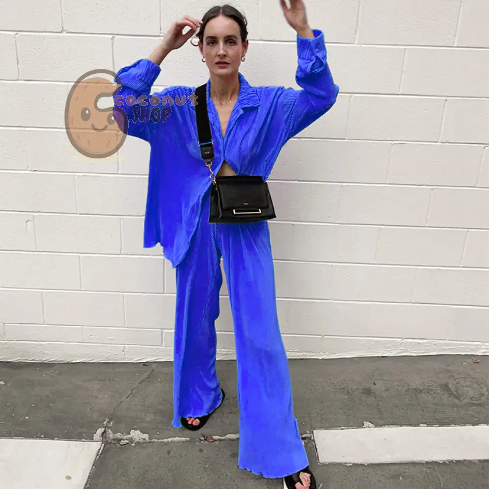 Spring Summer Pleated Shirt & Pants Set - blue / S