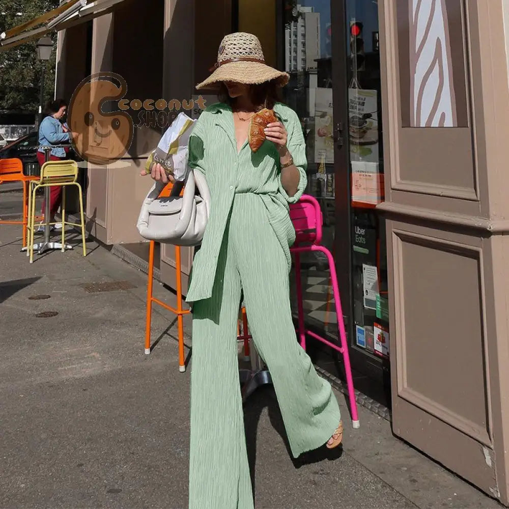 Spring Summer Pleated Shirt & Pants Set - Light grayish green / S