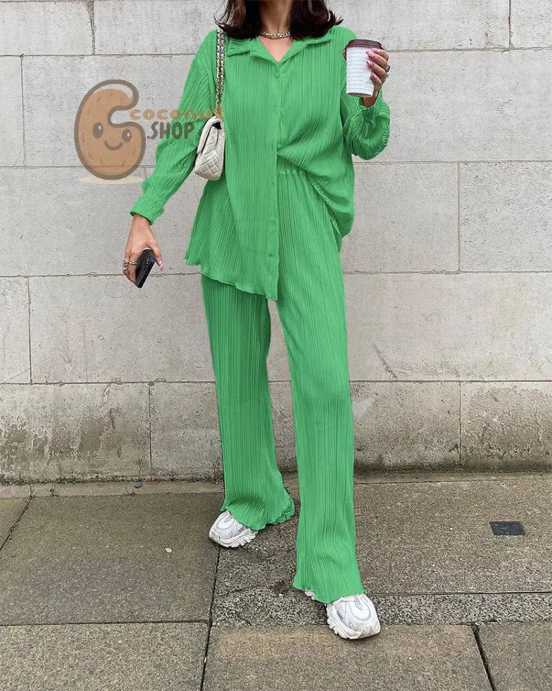 Spring Summer Pleated Shirt & Pants Set - light green / S