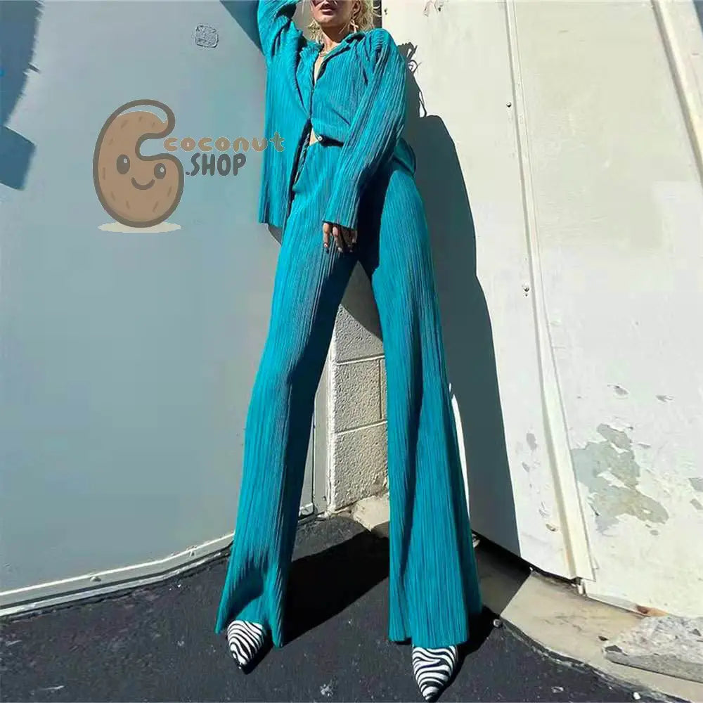 Spring Summer Pleated Shirt & Pants Set - peacock blue / S