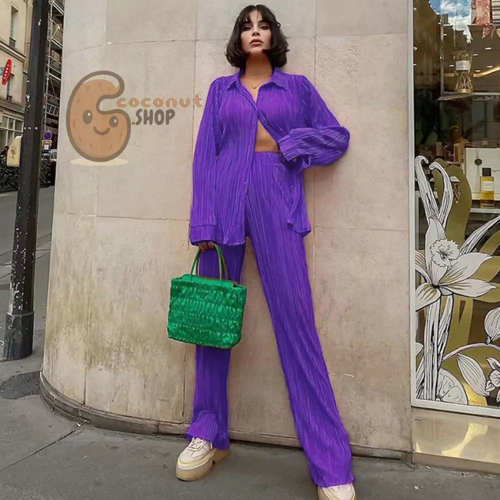 Spring Summer Pleated Shirt & Pants Set - purple / S
