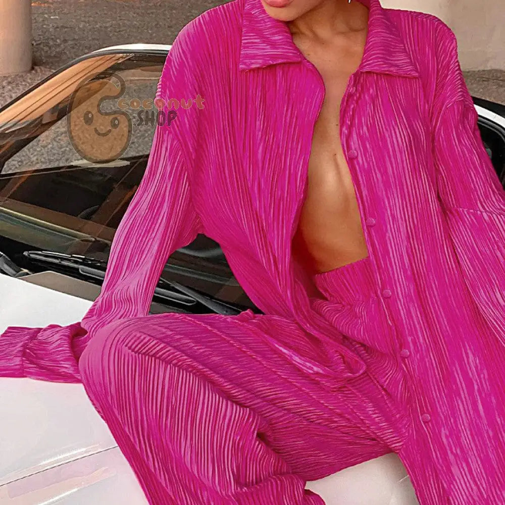 Spring Summer Pleated Shirt & Pants Set - rose red / S