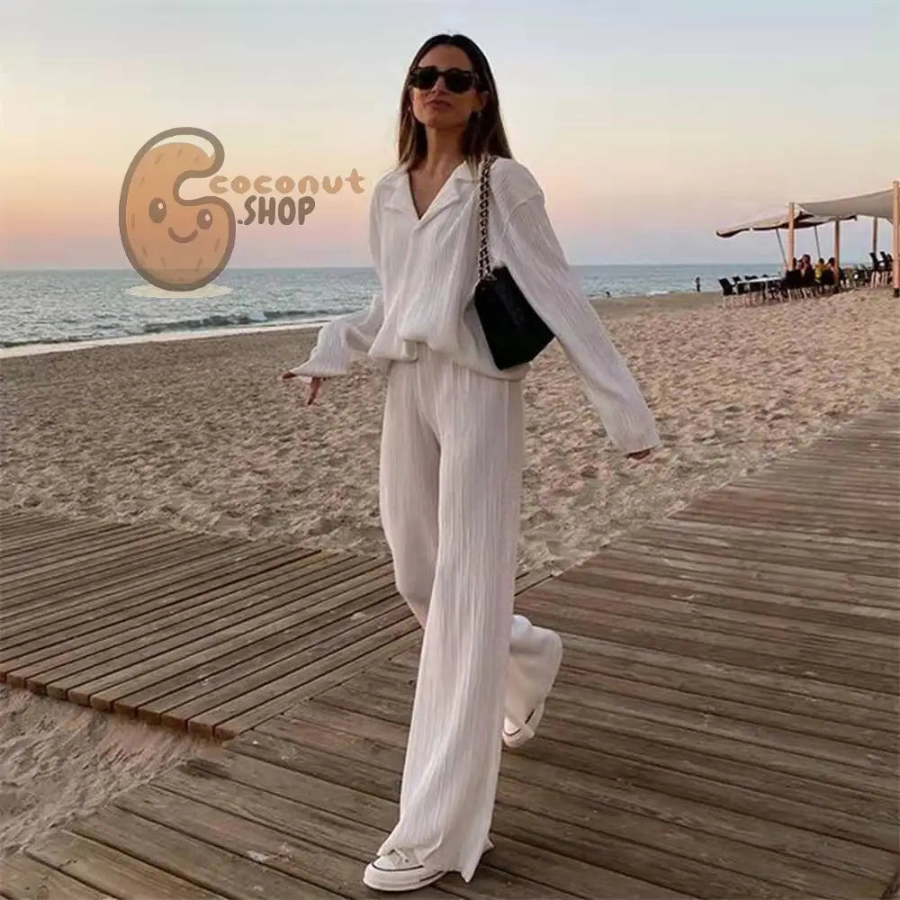 Spring Summer Pleated Shirt & Pants Set - white / S