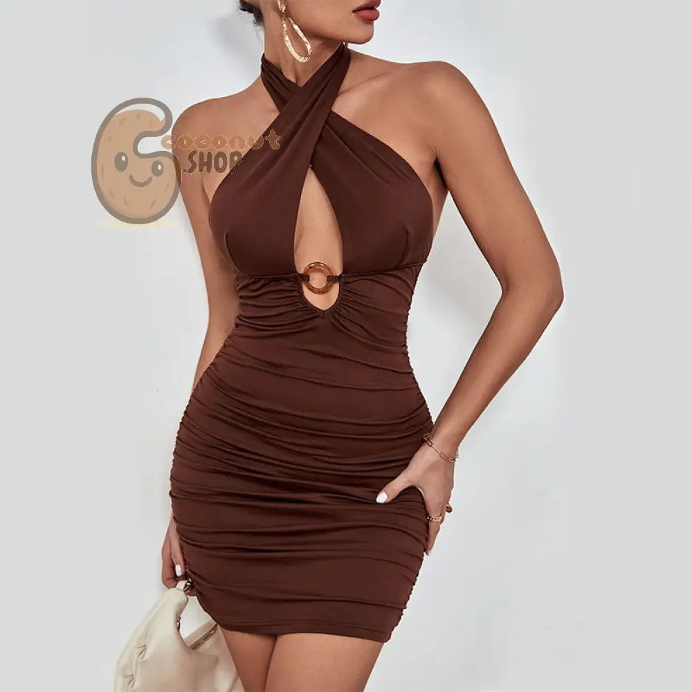 Summer Sexy Skinny Sling Dress Hot Girl Women’s Hollow Halter Dress - Coffee Brown / S
