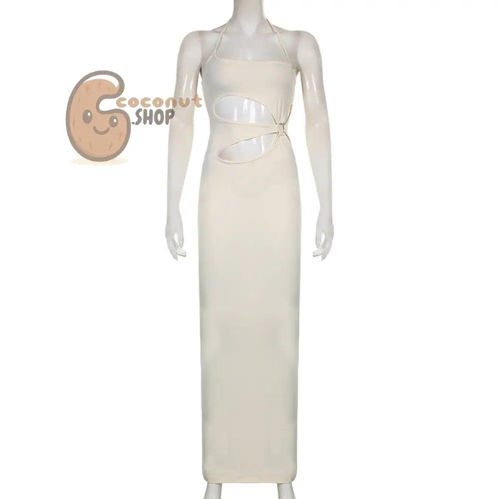 Sunkissed Glamour: Embrace Holiday Vibes with the Women’s Ring Hollow Halter Solid Color Dress - Long Skirt