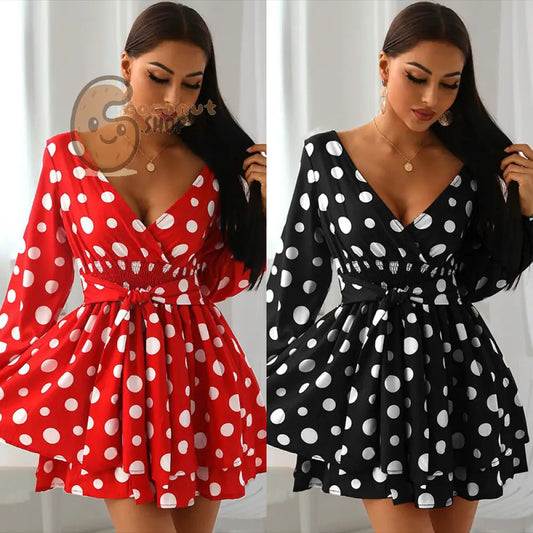 Super Sexy V-Neck Polka Dot Polka Dot Mini Dress