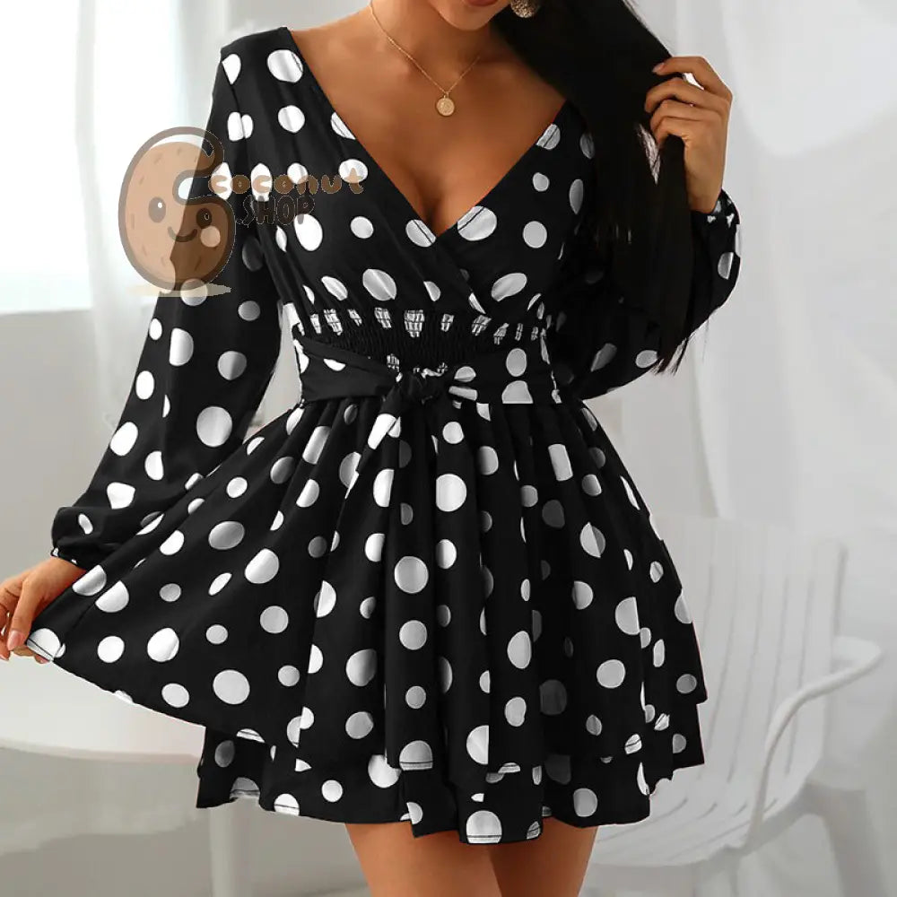 Super Sexy V-Neck Polka Dot Polka Dot Mini Dress - Black / S