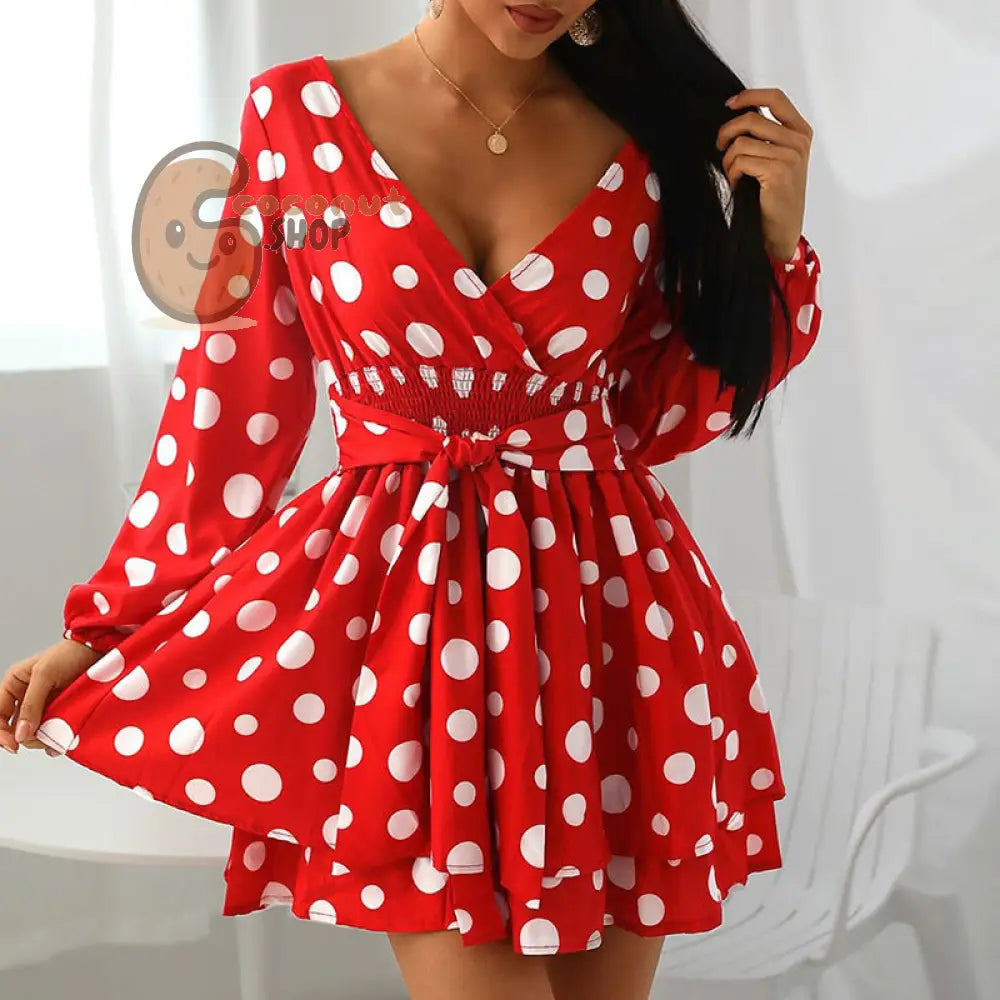 Super Sexy V-Neck Polka Dot Polka Dot Mini Dress - Red / S