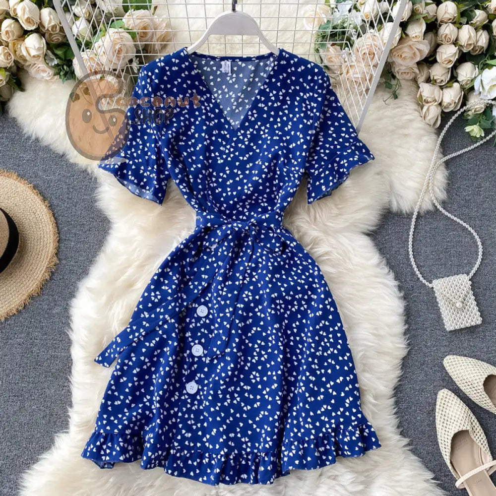 Sweet Love Trumpet Sleeve Lace Waist Short First Love Dress - Dark Blue