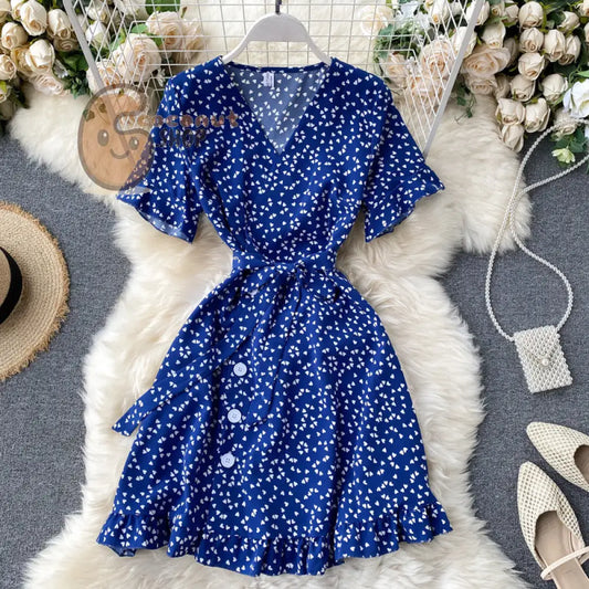 Sweet Love Trumpet Sleeve Lace Waist Short First Love Dress - Dark Blue