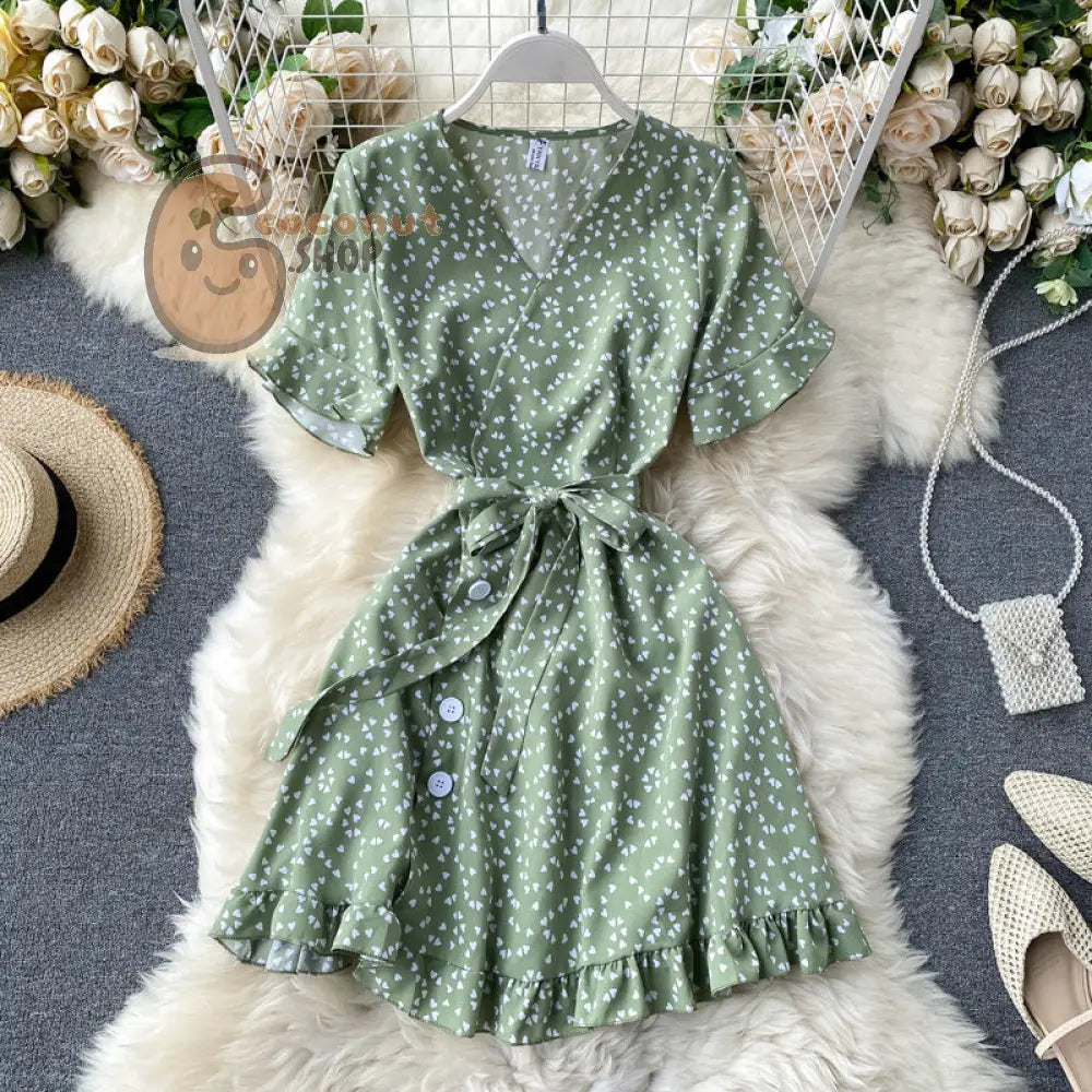 Sweet Love Trumpet Sleeve Lace Waist Short First Love Dress - Green
