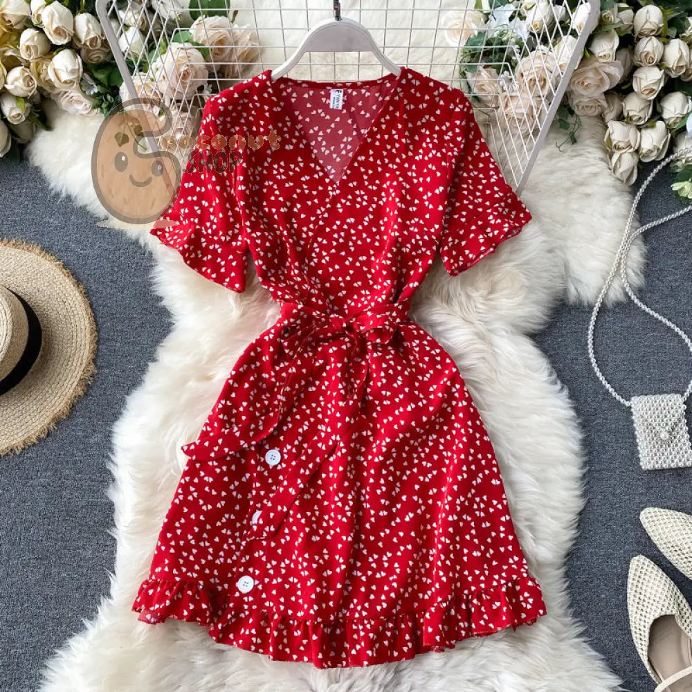 Sweet Love Trumpet Sleeve Lace Waist Short First Love Dress - Red