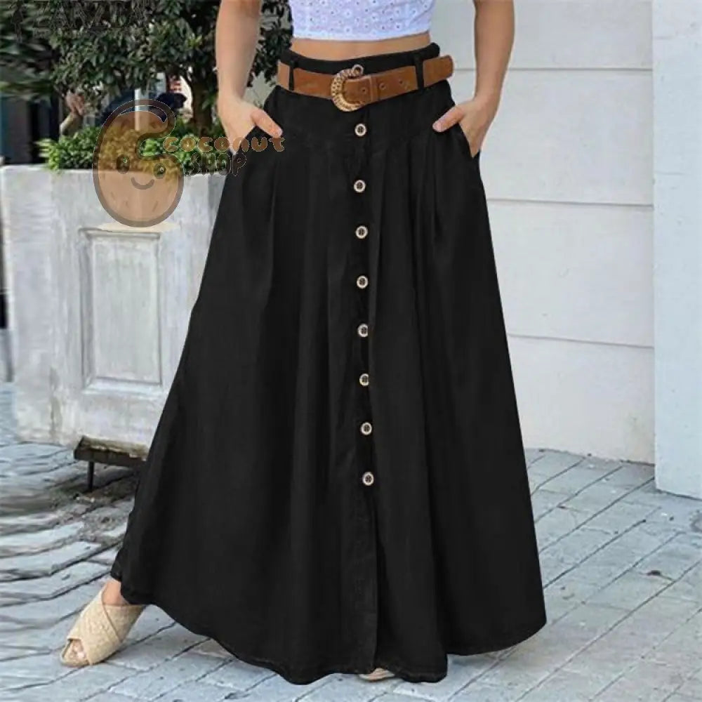 This Fall Long Skirt Button High Waist Solid Color Pocket Casual Skirt - Black / S