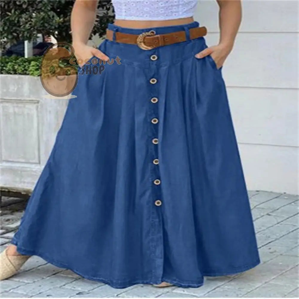This Fall Long Skirt Button High Waist Solid Color Pocket Casual Skirt - Blue / S
