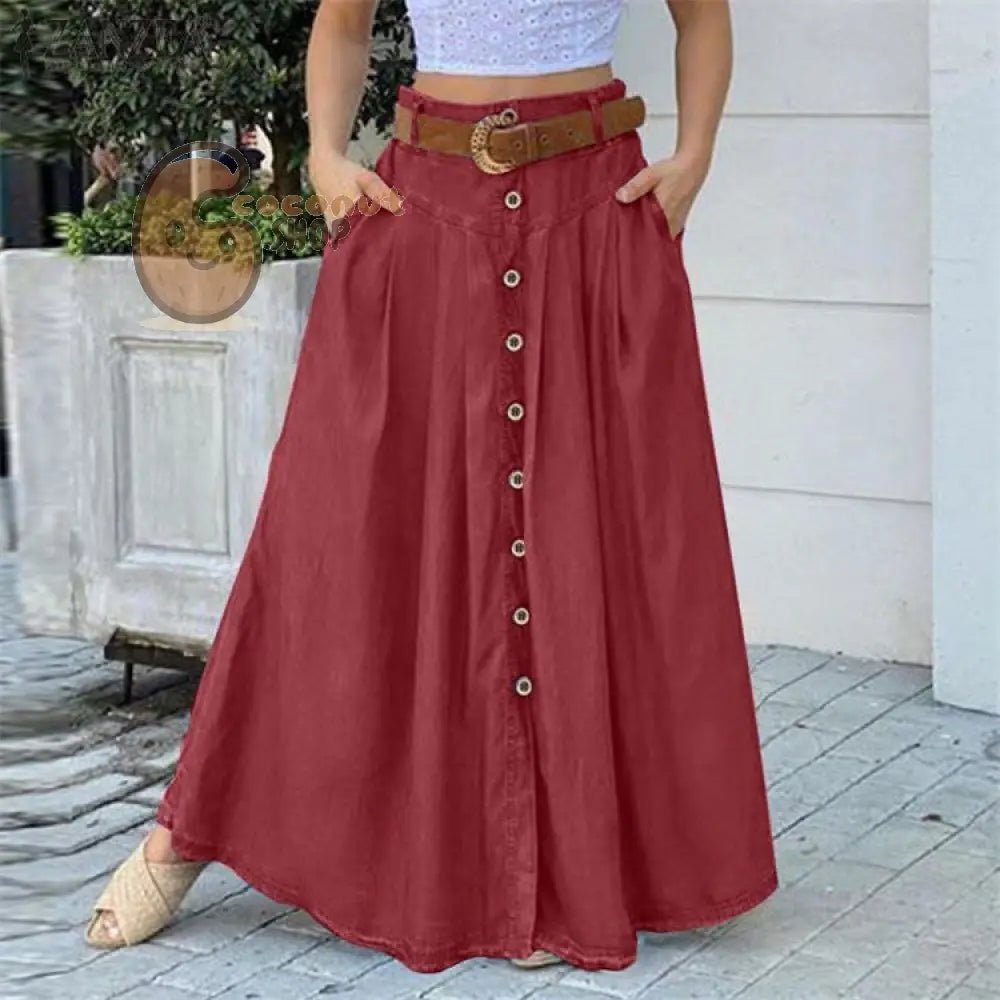 This Fall Long Skirt Button High Waist Solid Color Pocket Casual Skirt - Wine Red / S