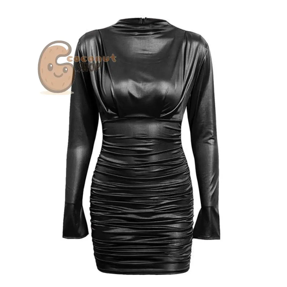 Timeless Elegance: Vintage Ruched Bodycon Dress - Unveil Allure with Satin Mock Neck Long Sleeve Perfect for Nightclub