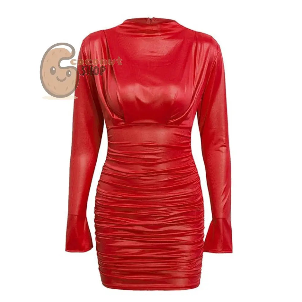 Timeless Elegance: Vintage Ruched Bodycon Dress - Unveil Allure with Satin Mock Neck Long Sleeve Perfect for Nightclub