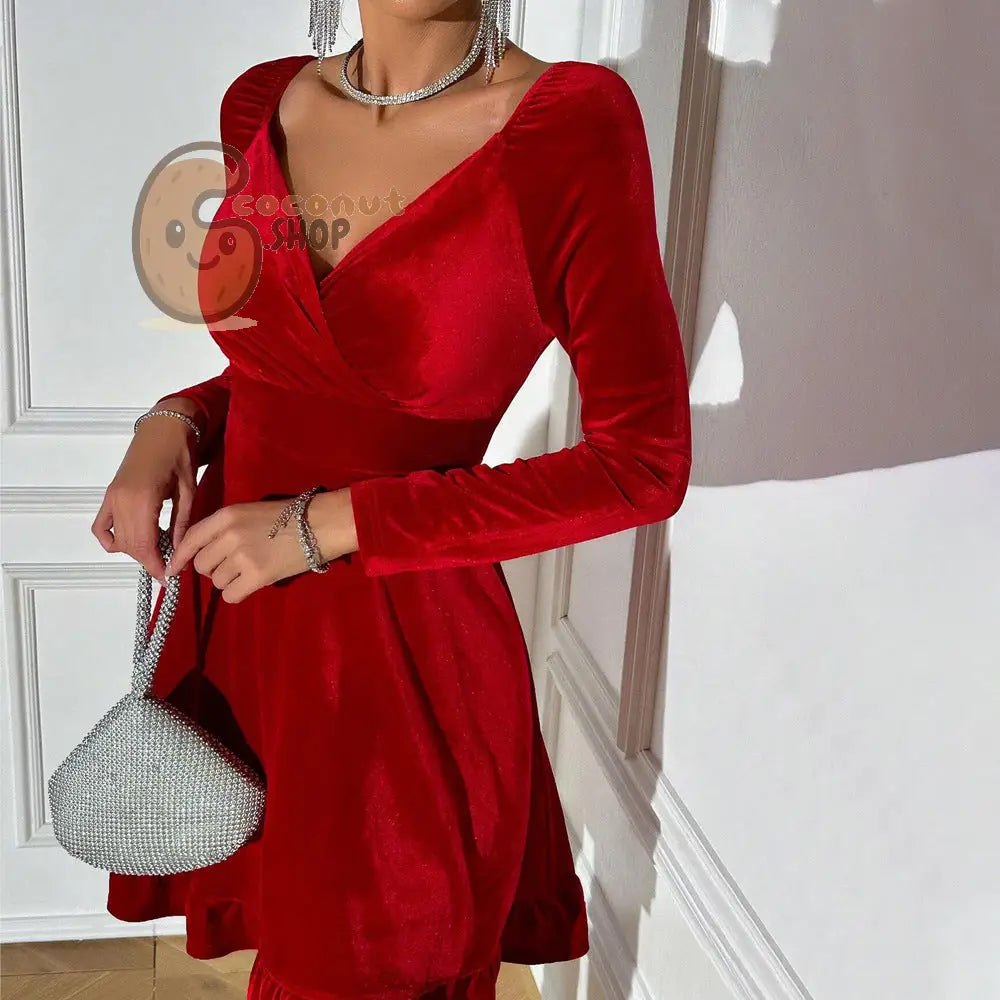 Velvet Red Long Sleeve Ruffle Dress