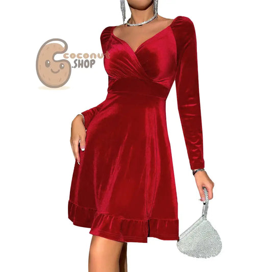 Velvet Red Long Sleeve Ruffle Dress