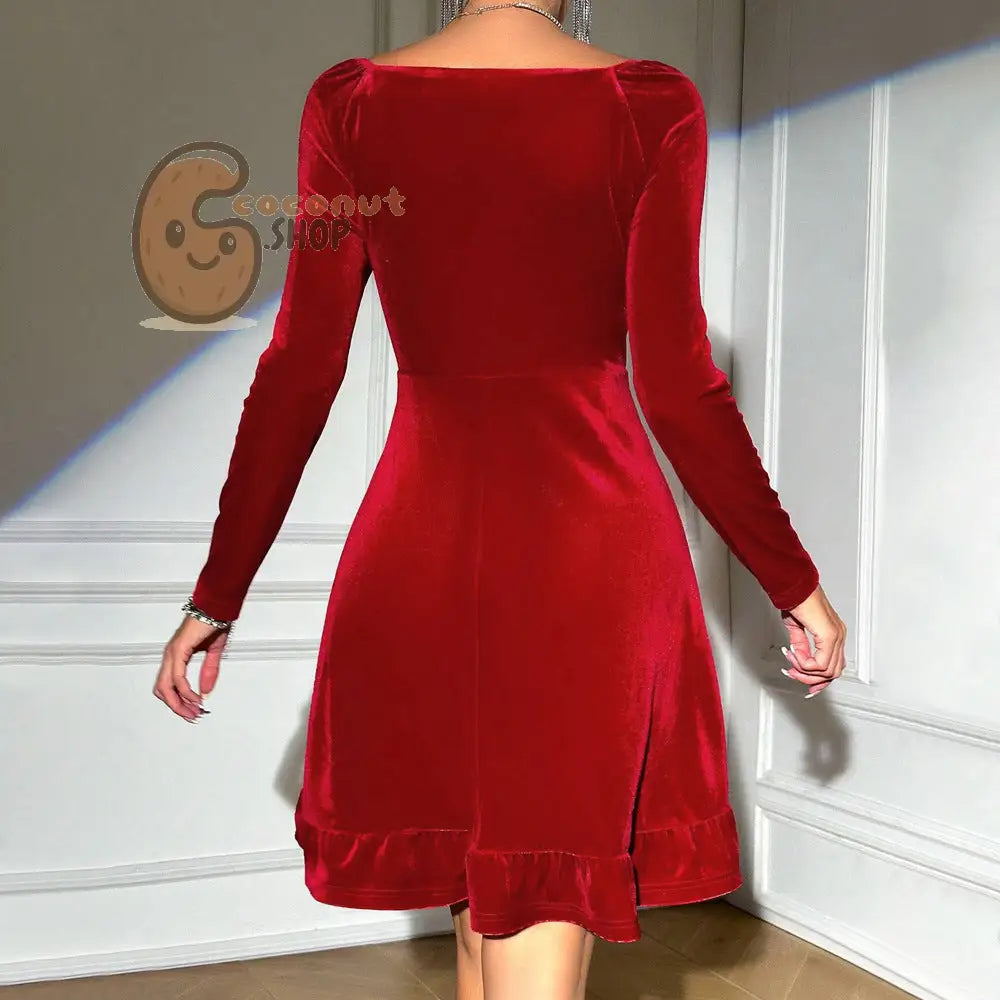 Velvet Red Long Sleeve Ruffle Dress