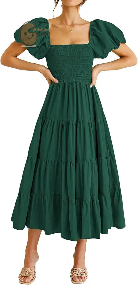 Vintage Slim Dresses Square Collar Puff Sleeve High Waist Folds Summer Dress - Green / S