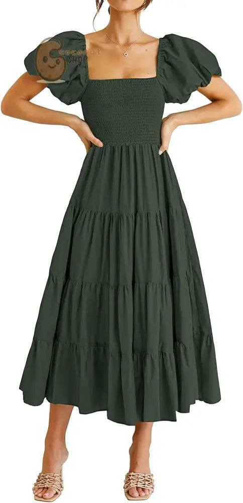 Vintage Slim Dresses Square Collar Puff Sleeve High Waist Folds Summer Dress - Army Green / S