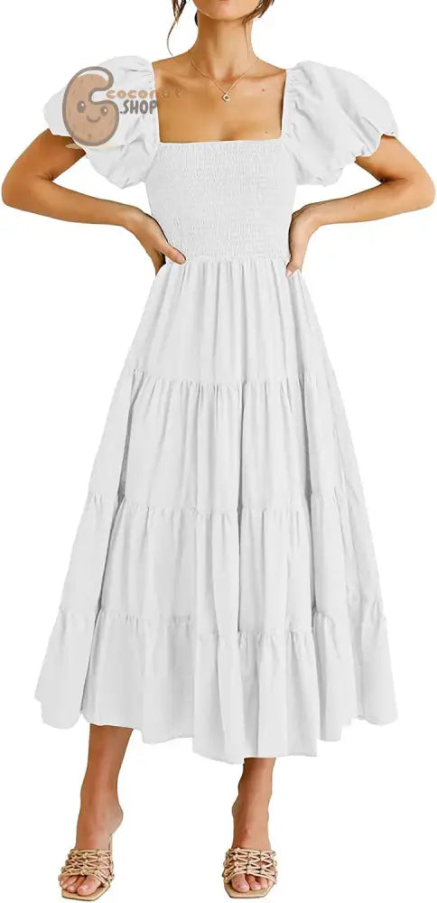 Vintage Slim Dresses Square Collar Puff Sleeve High Waist Folds Summer Dress - White / S