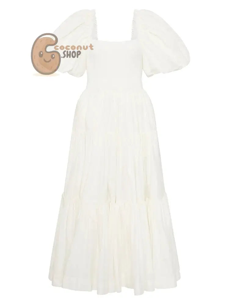 Vintage Slim Dresses Square Collar Puff Sleeve High Waist Folds Summer Dress