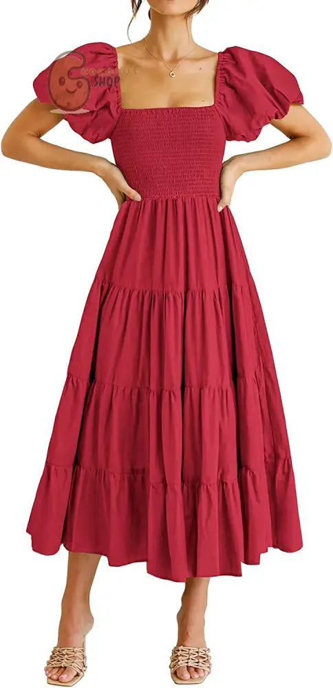 Vintage Slim Dresses Square Collar Puff Sleeve High Waist Folds Summer Dress - Red / S