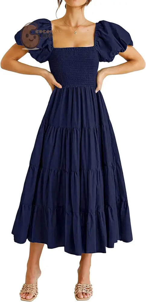 Vintage Slim Dresses Square Collar Puff Sleeve High Waist Folds Summer Dress - Dark Blue / S