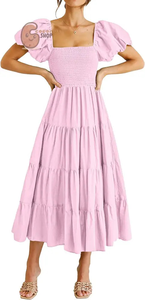 Vintage Slim Dresses Square Collar Puff Sleeve High Waist Folds Summer Dress - Pink / S