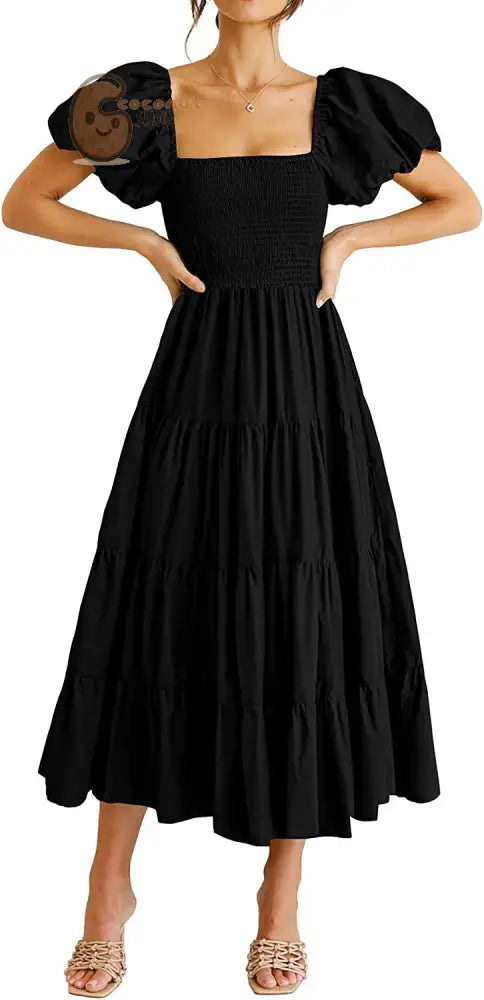 Vintage Slim Dresses Square Collar Puff Sleeve High Waist Folds Summer Dress - Black / S