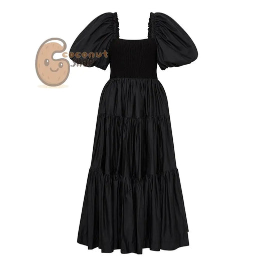 Vintage Slim Dresses Square Collar Puff Sleeve High Waist Folds Summer Dress