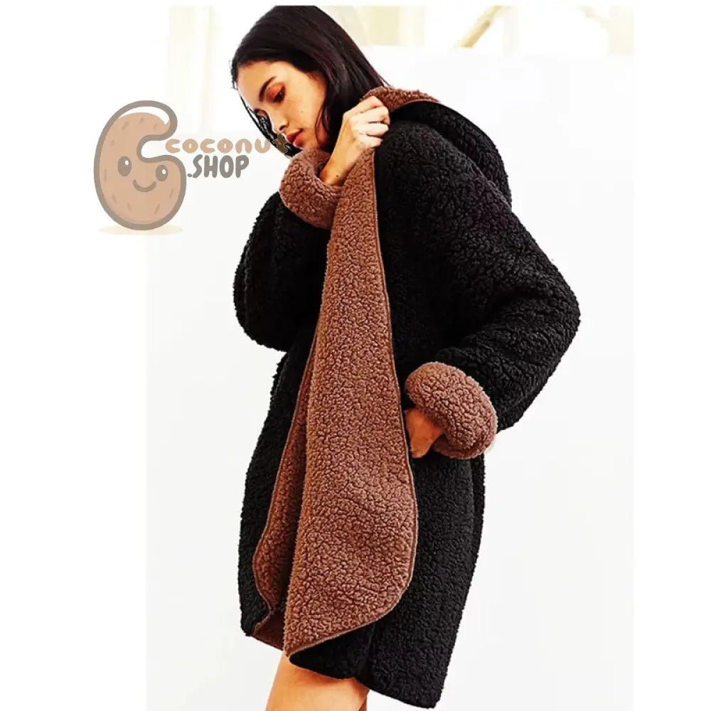 Vintage Style Redefined: Reversible Hooded Lamb Fur Jacket - Warm Bomber Coat with Soft Fleece & Double-Sided Lambswool