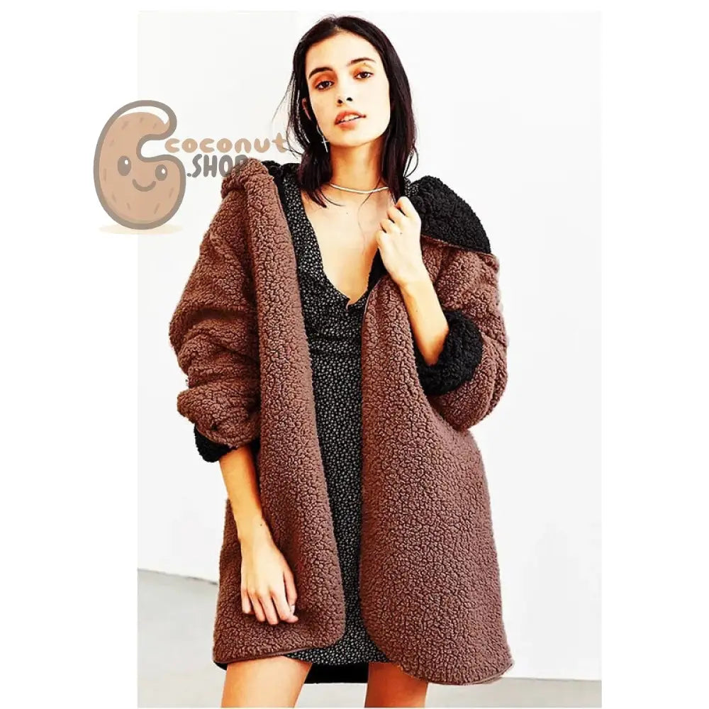 Vintage Style Redefined: Reversible Hooded Lamb Fur Jacket - Warm Bomber Coat with Soft Fleece & Double-Sided Lambswool