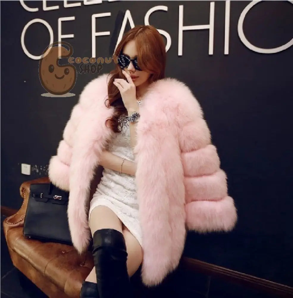 Warm Plush Faux Fur Coat: Purple Pink Long Sleeve - Pink /.2XL