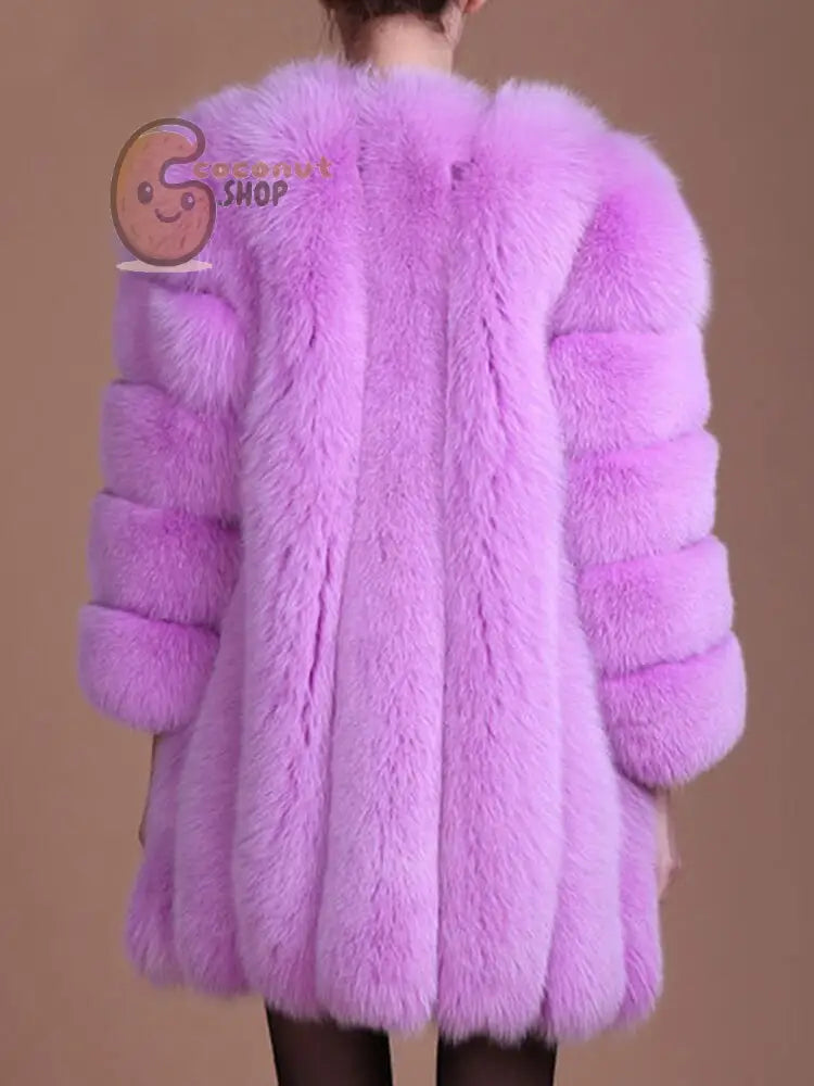 Warm Plush Faux Fur Coat: Purple Pink Long Sleeve