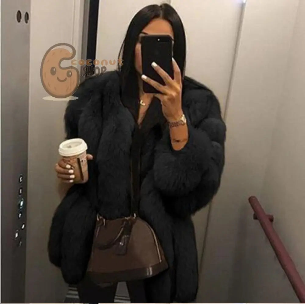 Warm Plush Faux Fur Coat: Purple Pink Long Sleeve - Black / XL