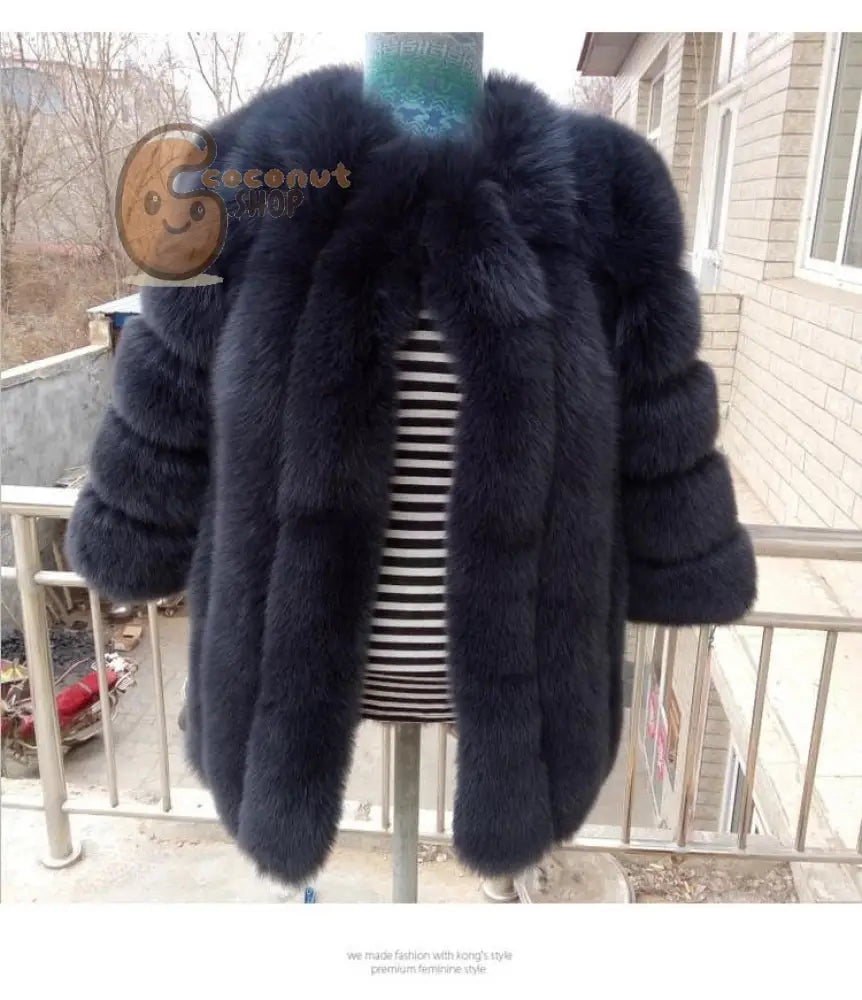 Warm Plush Faux Fur Coat: Purple Pink Long Sleeve - Navy Blue / M