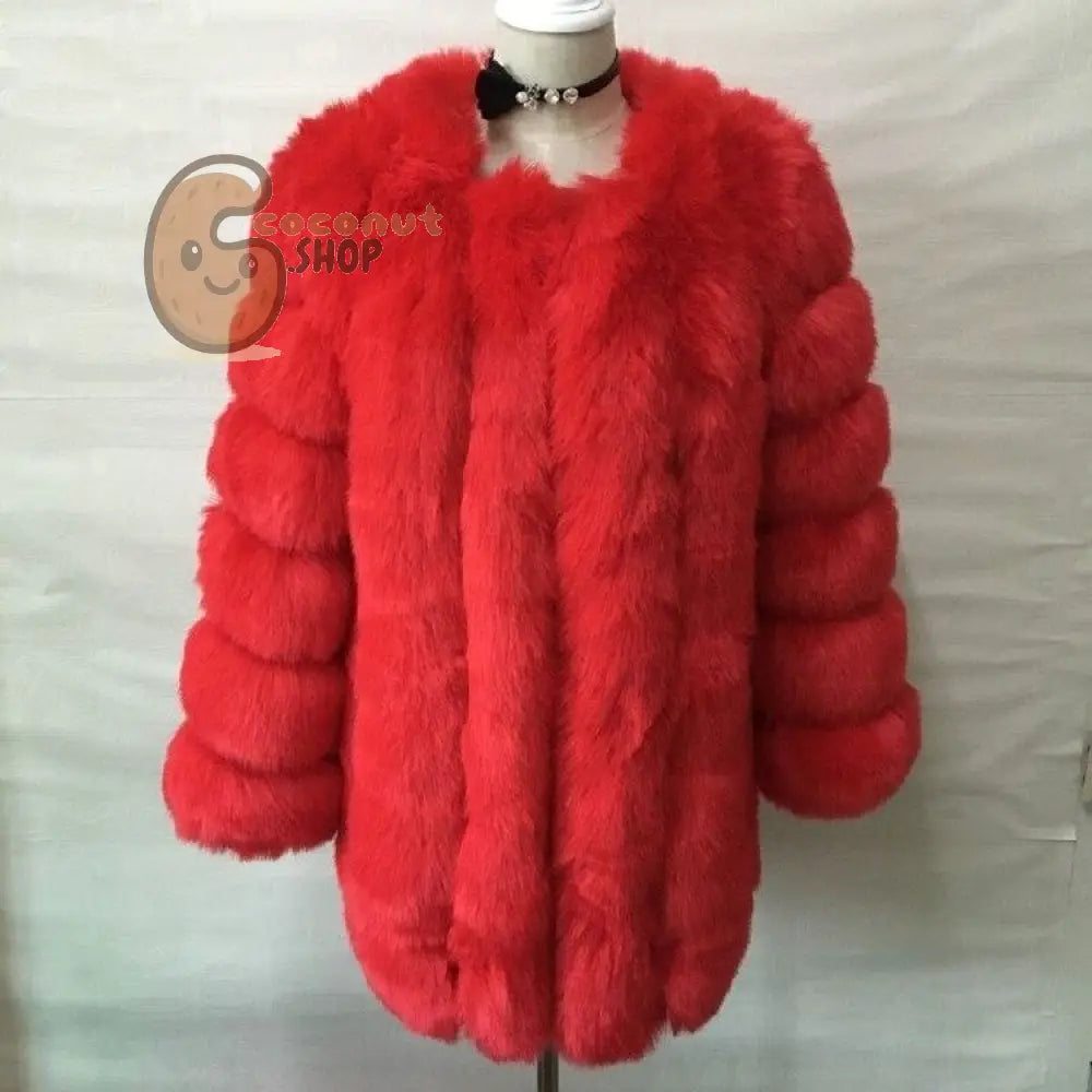 Warm Plush Faux Fur Coat: Purple Pink Long Sleeve - Red / XL