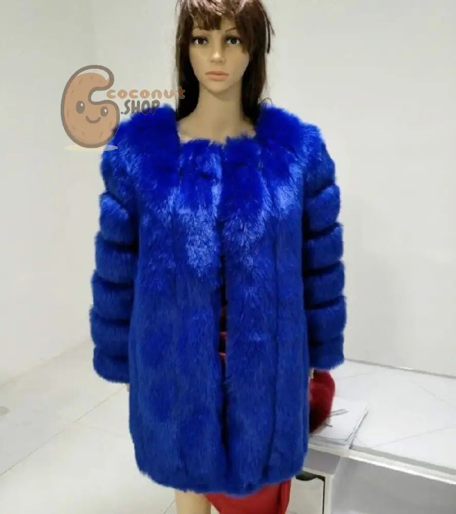 Warm Plush Faux Fur Coat: Purple Pink Long Sleeve - Sapphire Blue /.3XL