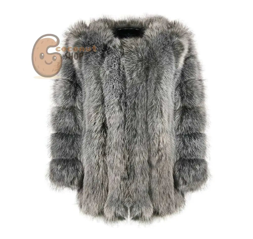 Warm Plush Faux Fur Coat: Purple Pink Long Sleeve - Silver Fox / L