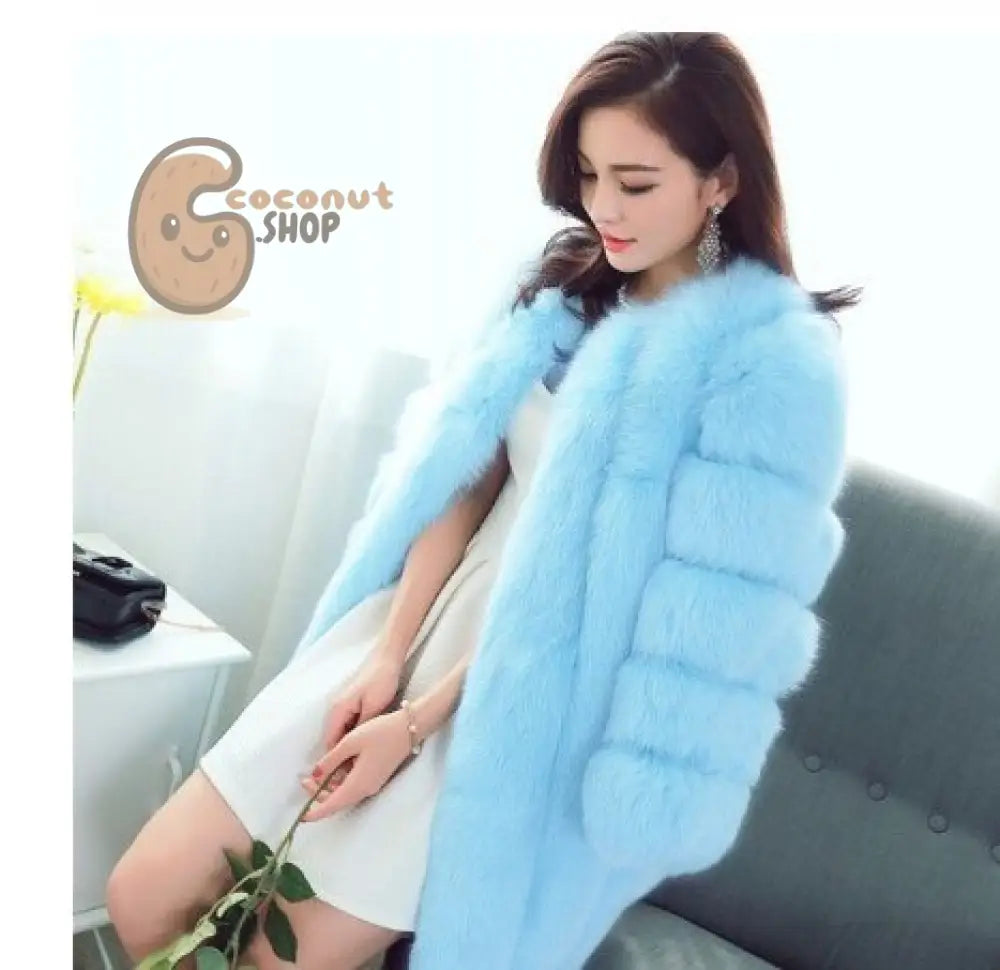 Warm Plush Faux Fur Coat: Purple Pink Long Sleeve - Sky Blue /.4XL