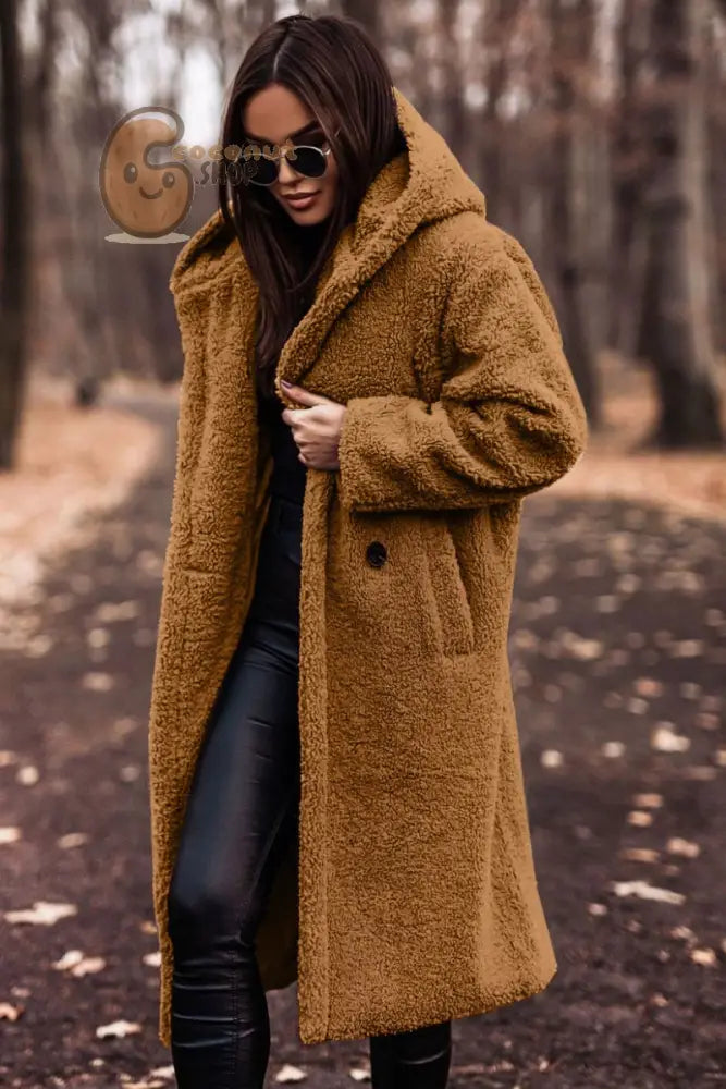 Winter Fashion Long Coat Net Color Long Sleeve Tweed Women’s Jacket - Golden Camel / S
