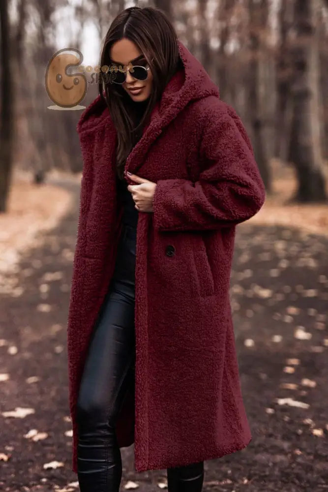 Winter Fashion Long Coat Net Color Long Sleeve Tweed Women’s Jacket - Wine Red / S
